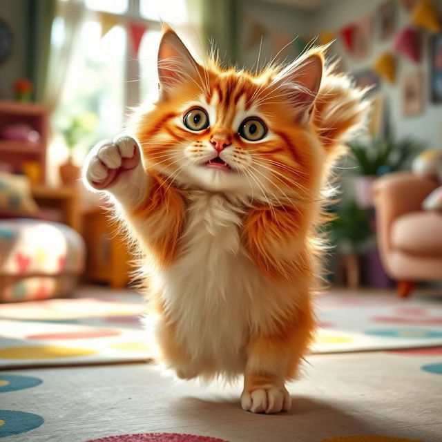 A cute, wide-eyed cat on the brink of dancing, showcasing an expressive and playful pose