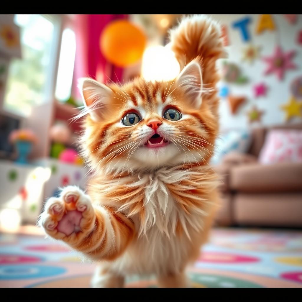 A cute, wide-eyed cat on the brink of dancing, showcasing an expressive and playful pose