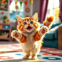 A cute, wide-eyed cat on the brink of dancing, showcasing an expressive and playful pose