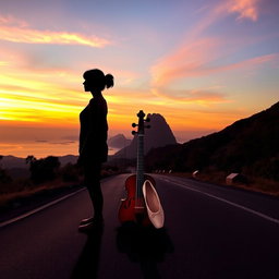 A tranquil landscape of Rio de Janeiro at sunset, featuring soft hues of orange, pink, and lilac in the sky