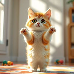 A cute, wide-eyed cat with a playful expression, standing on its hind legs as if it's about to dance