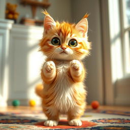 A cute, wide-eyed cat with a playful expression, standing on its hind legs as if it's about to dance