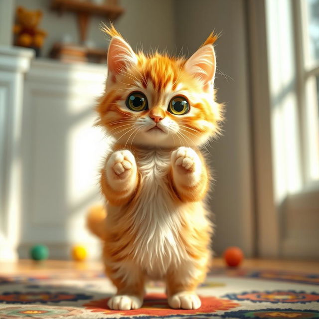 A cute, wide-eyed cat with a playful expression, standing on its hind legs as if it's about to dance