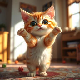 A cute, wide-eyed cat with a playful expression, standing on its hind legs as if it's about to dance
