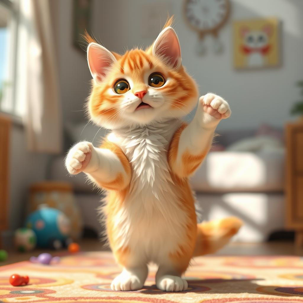 A cute, wide-eyed cat with a playful expression, standing on its hind legs as if it's about to dance