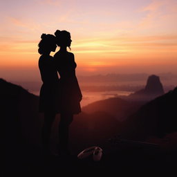 A tranquil landscape of Rio de Janeiro at sunset, featuring soft hues of orange, pink, and lilac in the sky