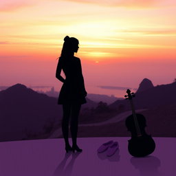 A tranquil landscape of Rio de Janeiro at sunset, featuring soft hues of orange, pink, and lilac in the sky