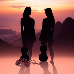 A tranquil landscape of Rio de Janeiro at sunset, featuring soft hues of orange, pink, and lilac in the sky