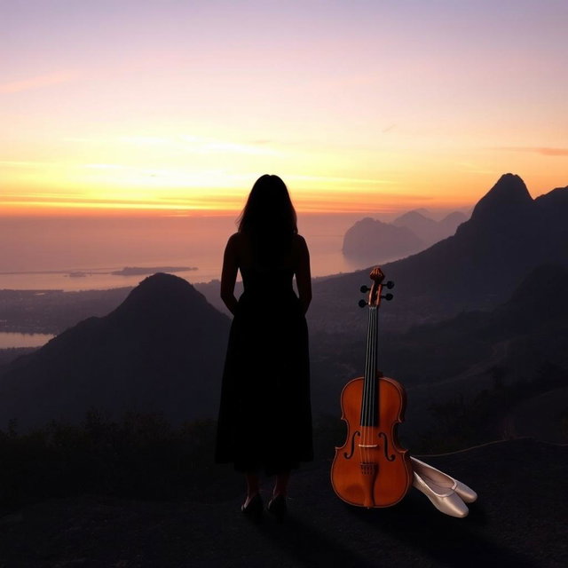 A tranquil landscape of Rio de Janeiro at sunset, featuring soft hues of orange, pink, and lilac in the sky