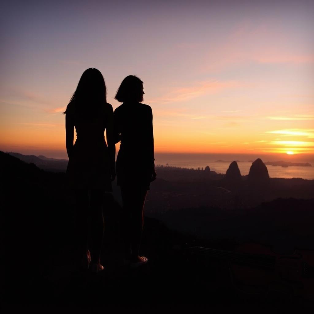 A tranquil landscape of Rio de Janeiro at sunset, featuring soft hues of orange, pink, and lilac in the sky