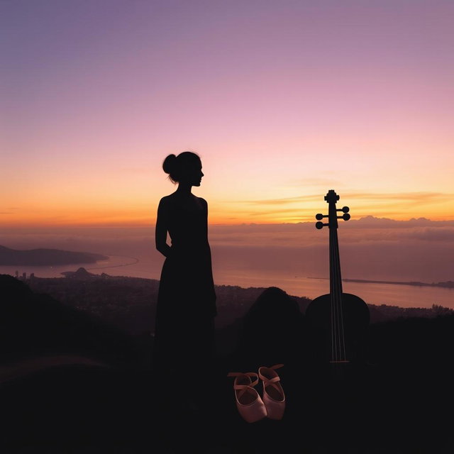 A tranquil landscape of Rio de Janeiro at sunset, featuring soft hues of orange, pink, and lilac in the sky