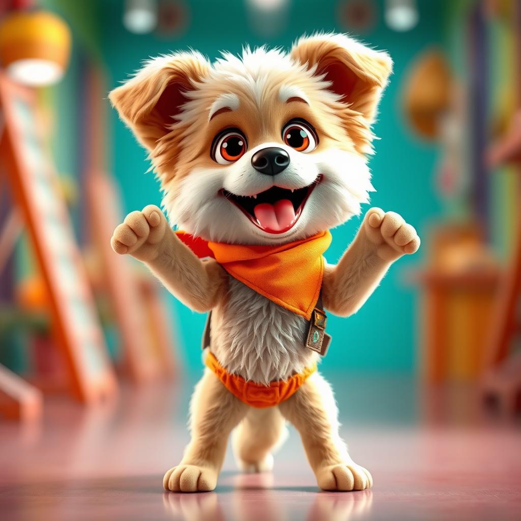 A cute, wide-eyed dog standing energetically, wearing a colorful, stylish outfit, poised as if it's about to start dancing