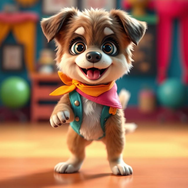 A cute, wide-eyed dog standing energetically, wearing a colorful, stylish outfit, poised as if it's about to start dancing