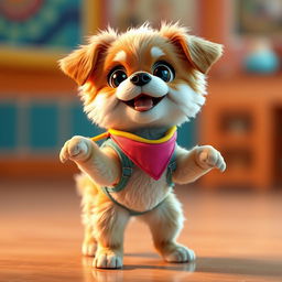 A cute, wide-eyed dog standing energetically, wearing a colorful, stylish outfit, poised as if it's about to start dancing