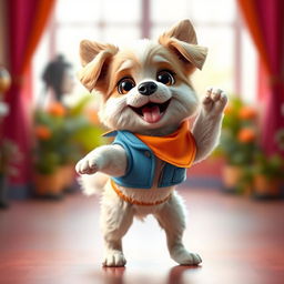 A cute, wide-eyed dog standing energetically, wearing a colorful, stylish outfit, poised as if it's about to start dancing