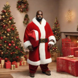 Kanye West wearing a classic Santa Claus outfit, smiling generously, with a large sack filled with gifts over his shoulder, standing amidst a beautifully decorated Christmas setting.