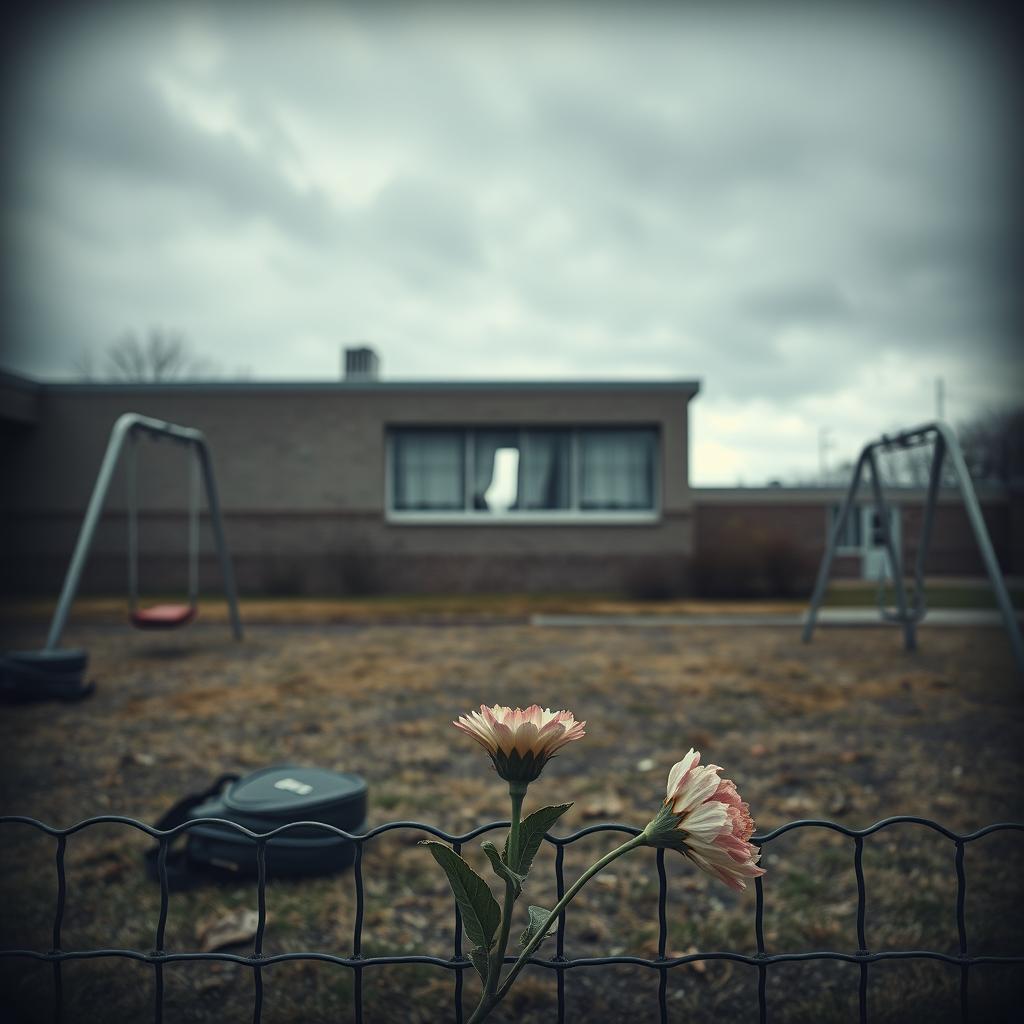 An emotionally evocative scene depicting the somber atmosphere following a school shooting, featuring a desolate schoolyard with abandoned swing sets and untouched backpacks lying on the ground