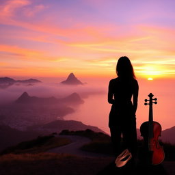 A tranquil landscape of Rio de Janeiro at sunset, featuring soft hues of orange, pink, and lilac in the sky