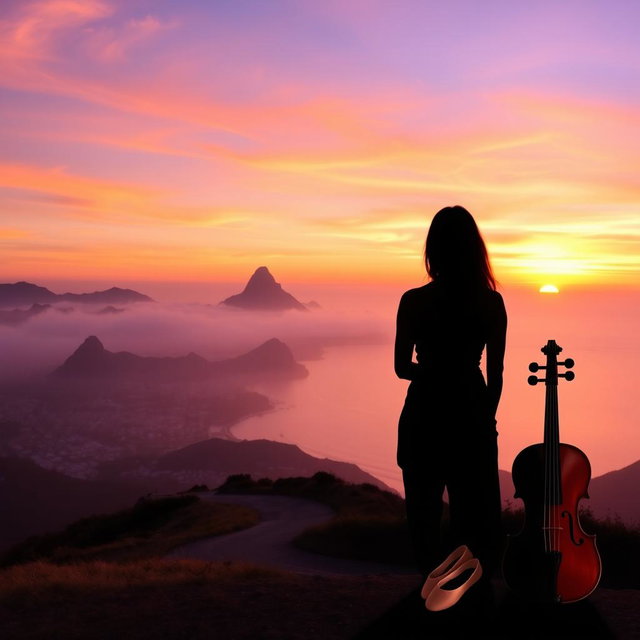 A tranquil landscape of Rio de Janeiro at sunset, featuring soft hues of orange, pink, and lilac in the sky