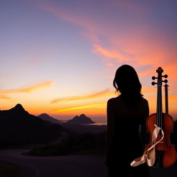 A tranquil landscape of Rio de Janeiro at sunset, featuring soft hues of orange, pink, and lilac in the sky