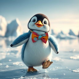 A cute wide-eyed penguin dressed in a colorful and whimsical outfit, capturing a joyful expression as it stands on a shiny, ice-covered surface, poised in a playful dancing pose