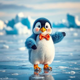 A cute wide-eyed penguin dressed in a colorful and whimsical outfit, capturing a joyful expression as it stands on a shiny, ice-covered surface, poised in a playful dancing pose