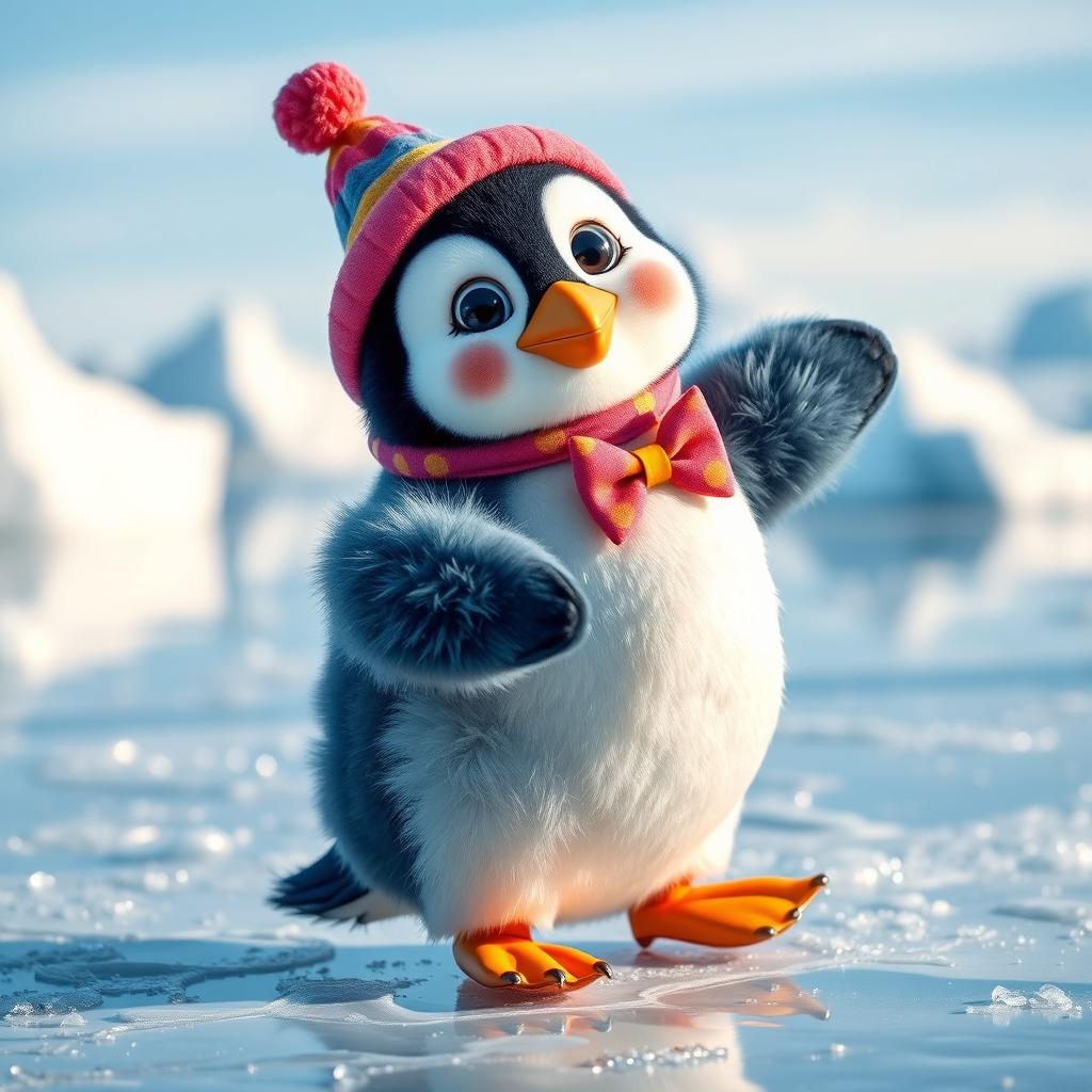 A cute wide-eyed penguin dressed in a colorful and whimsical outfit, capturing a joyful expression as it stands on a shiny, ice-covered surface, poised in a playful dancing pose