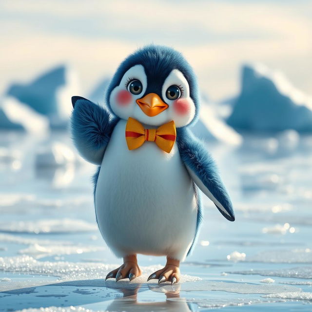 A cute wide-eyed penguin dressed in a colorful and whimsical outfit, capturing a joyful expression as it stands on a shiny, ice-covered surface, poised in a playful dancing pose