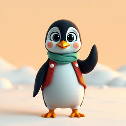 A cute, wide-eyed penguin standing straight, wearing an adorable outfit, ready to dance
