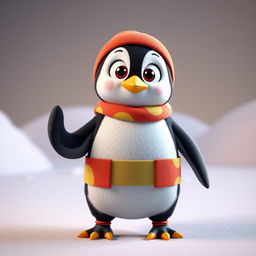 A cute, wide-eyed penguin standing straight, wearing an adorable outfit, ready to dance