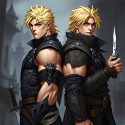 Two muscular blonde male rogue twins, standing back to back in a dramatic pose