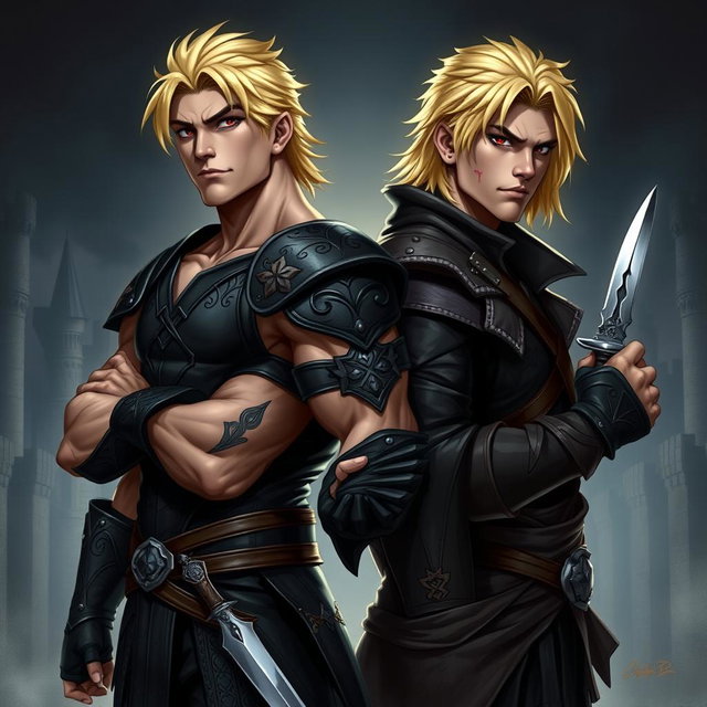 Two muscular blonde male rogue twins, standing back to back in a dramatic pose