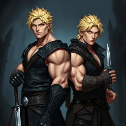 Two muscular blonde male rogue twins, standing back to back in a dramatic pose