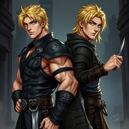 Two muscular blonde male rogue twins, standing back to back in a dramatic pose