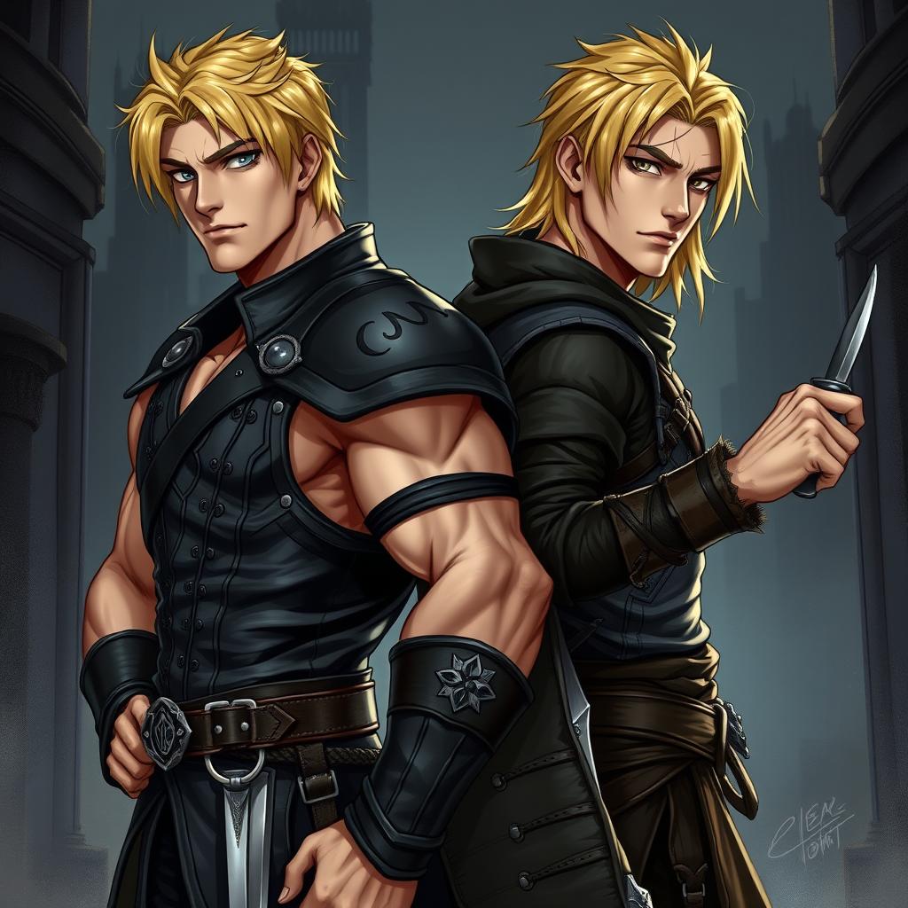 Two muscular blonde male rogue twins, standing back to back in a dramatic pose