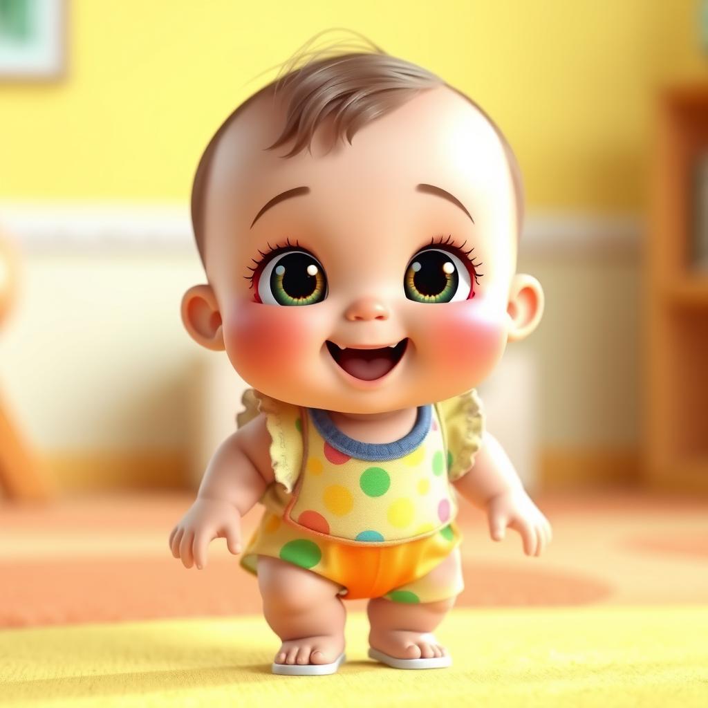 A cute, wide-eyed, chubby baby standing straight with an outfit, ready to dance