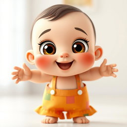 A cute, wide-eyed, chubby baby standing straight with an outfit, ready to dance