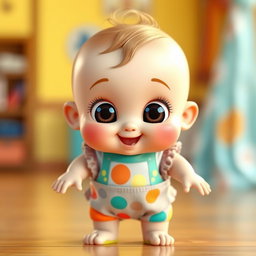 A cute, wide-eyed, chubby baby standing straight with an outfit, ready to dance