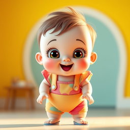 A cute, wide-eyed, chubby baby standing straight with an outfit, ready to dance