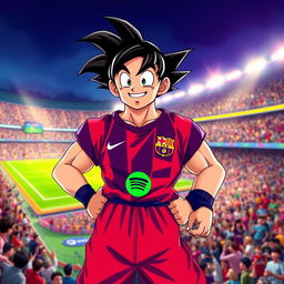 A creative illustration of Goku from Dragon Ball wearing a FC Barcelona uniform featuring the Spotify logo