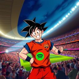 A creative illustration of Goku from Dragon Ball wearing a FC Barcelona uniform featuring the Spotify logo