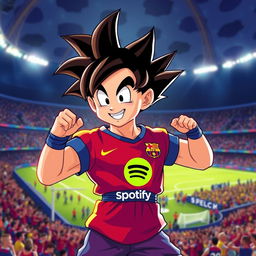 A creative illustration of Goku from Dragon Ball wearing a FC Barcelona uniform featuring the Spotify logo