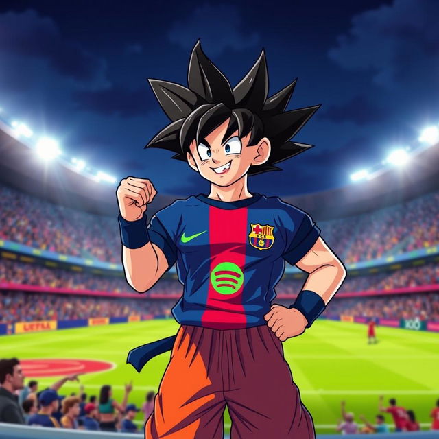A creative illustration of Goku from Dragon Ball wearing a FC Barcelona uniform featuring the Spotify logo