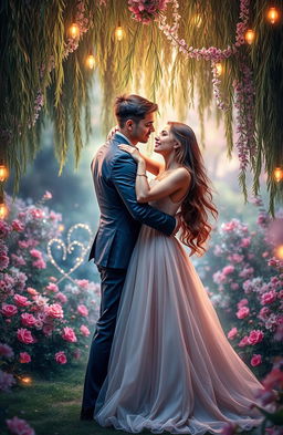 A beautiful, passionate romantic scene between two lovers in an enchanting garden, surrounded by blooming flowers and twinkling fairy lights