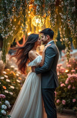 A beautiful, passionate romantic scene between two lovers in an enchanting garden, surrounded by blooming flowers and twinkling fairy lights