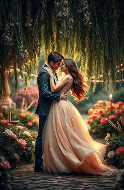 A beautiful, passionate romantic scene between two lovers in an enchanting garden, surrounded by blooming flowers and twinkling fairy lights
