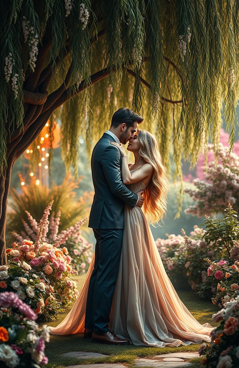 A beautiful, passionate romantic scene between two lovers in an enchanting garden, surrounded by blooming flowers and twinkling fairy lights