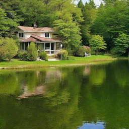 A charming, peaceful house located on the shore of a serene, tranquil lake.