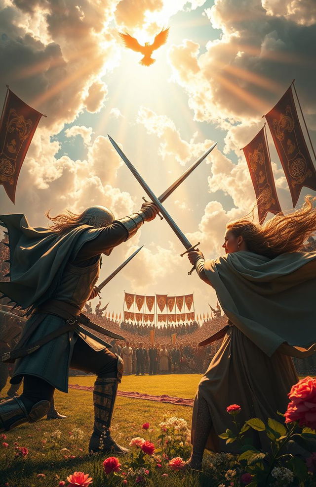 A dynamic scene depicting an electrifying sword duel under a dramatic sky, showcasing a fierce battle between two skilled warriors, with swords clashing and sparks flying