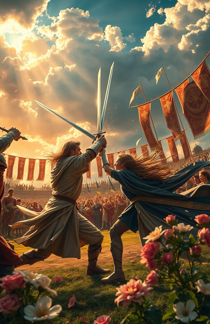 A dynamic scene depicting an electrifying sword duel under a dramatic sky, showcasing a fierce battle between two skilled warriors, with swords clashing and sparks flying